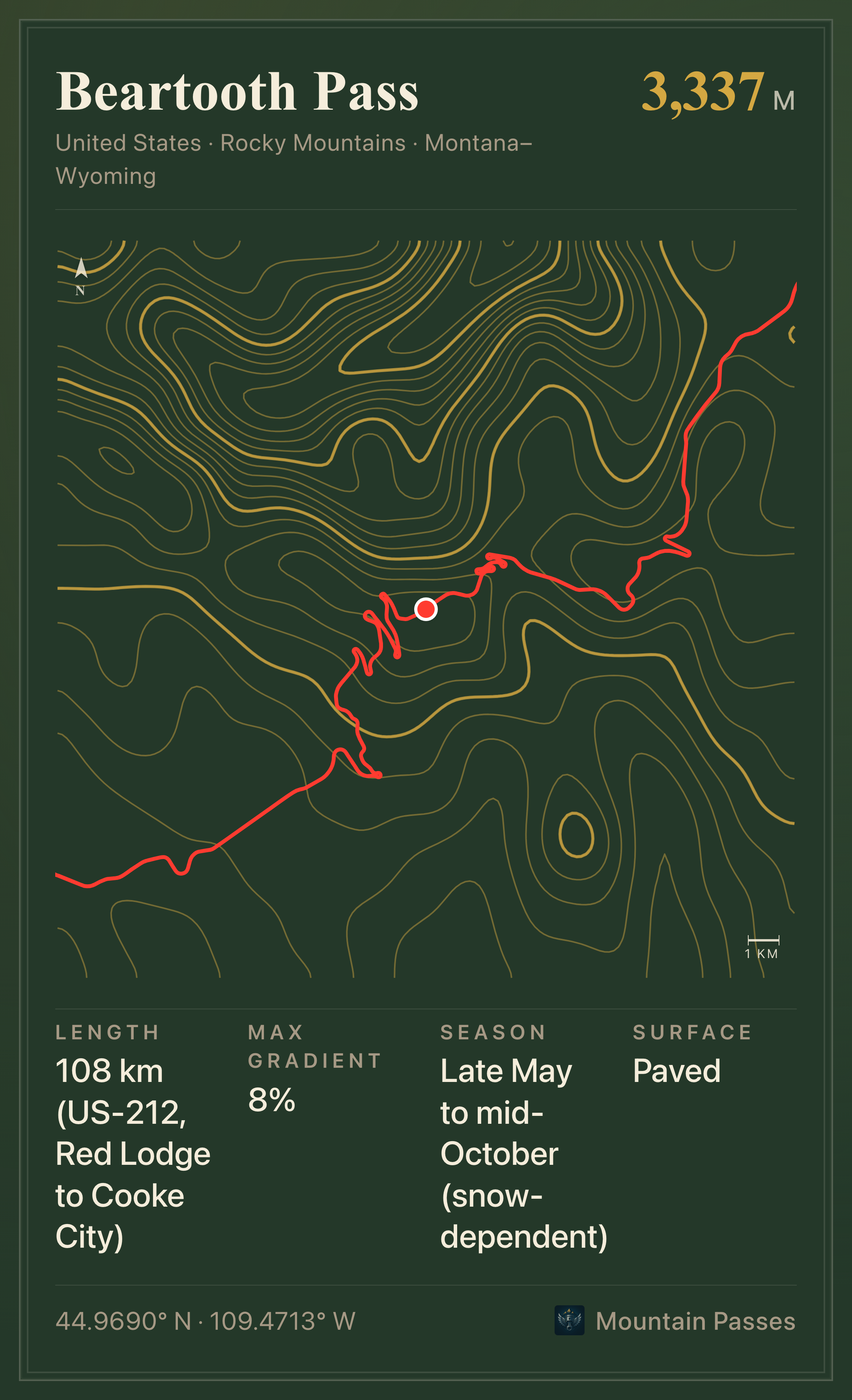 Topographic route plate for Beartooth Pass