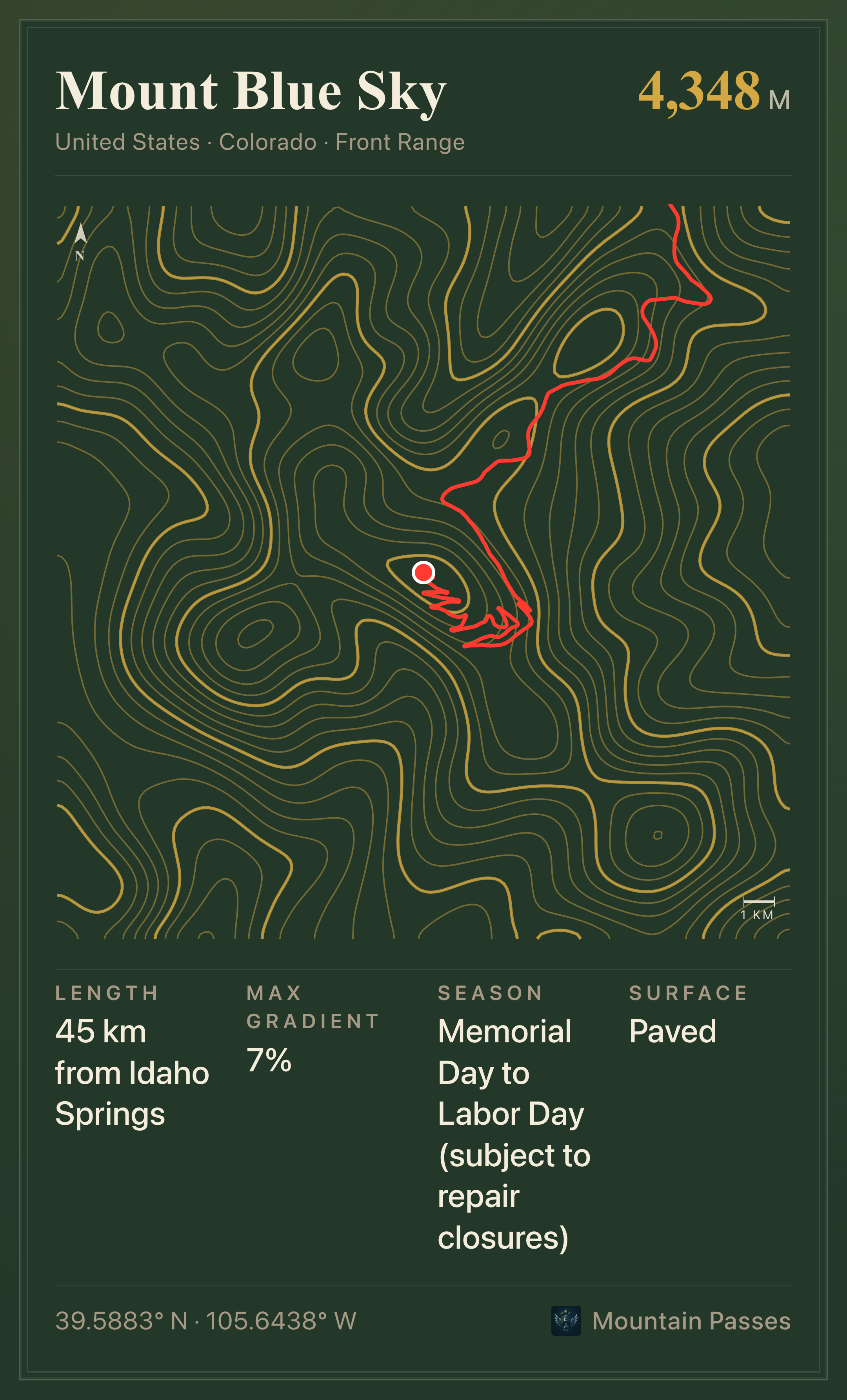 Topographic route plate for Mount Blue Sky (formerly Mount Evans)