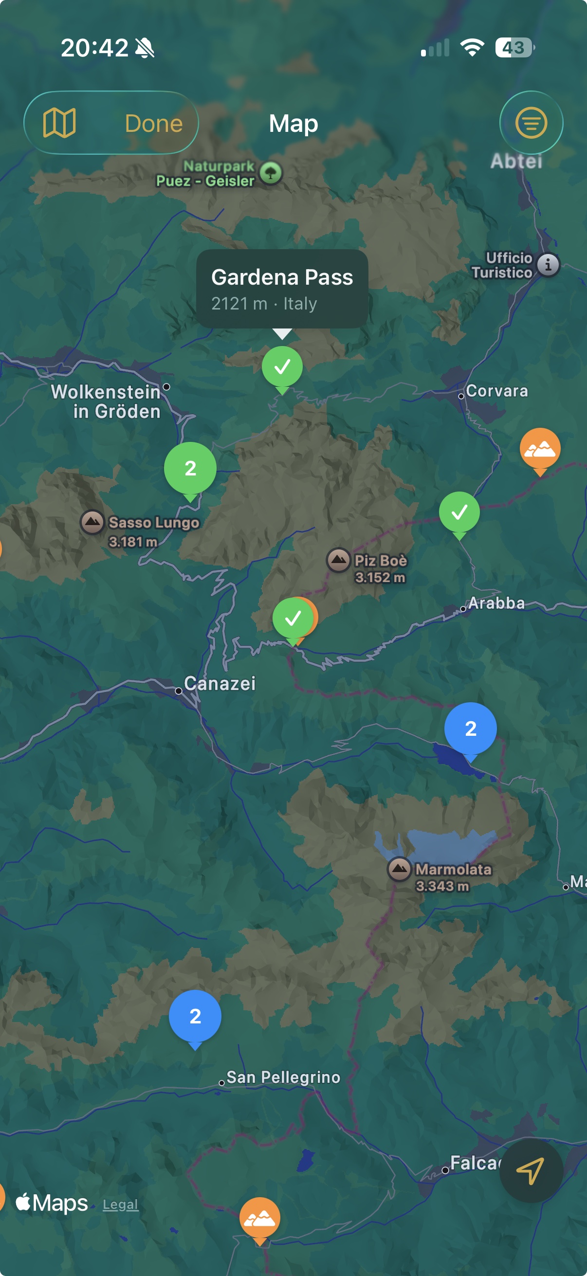 Mountain Passes app showing the live discovery map with nearby passes