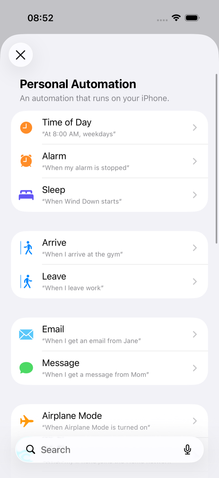 The Personal Automation trigger list in the Shortcuts app: Time of Day, Alarm, Sleep, Arrive, Leave, Email, Message, Airplane Mode and more