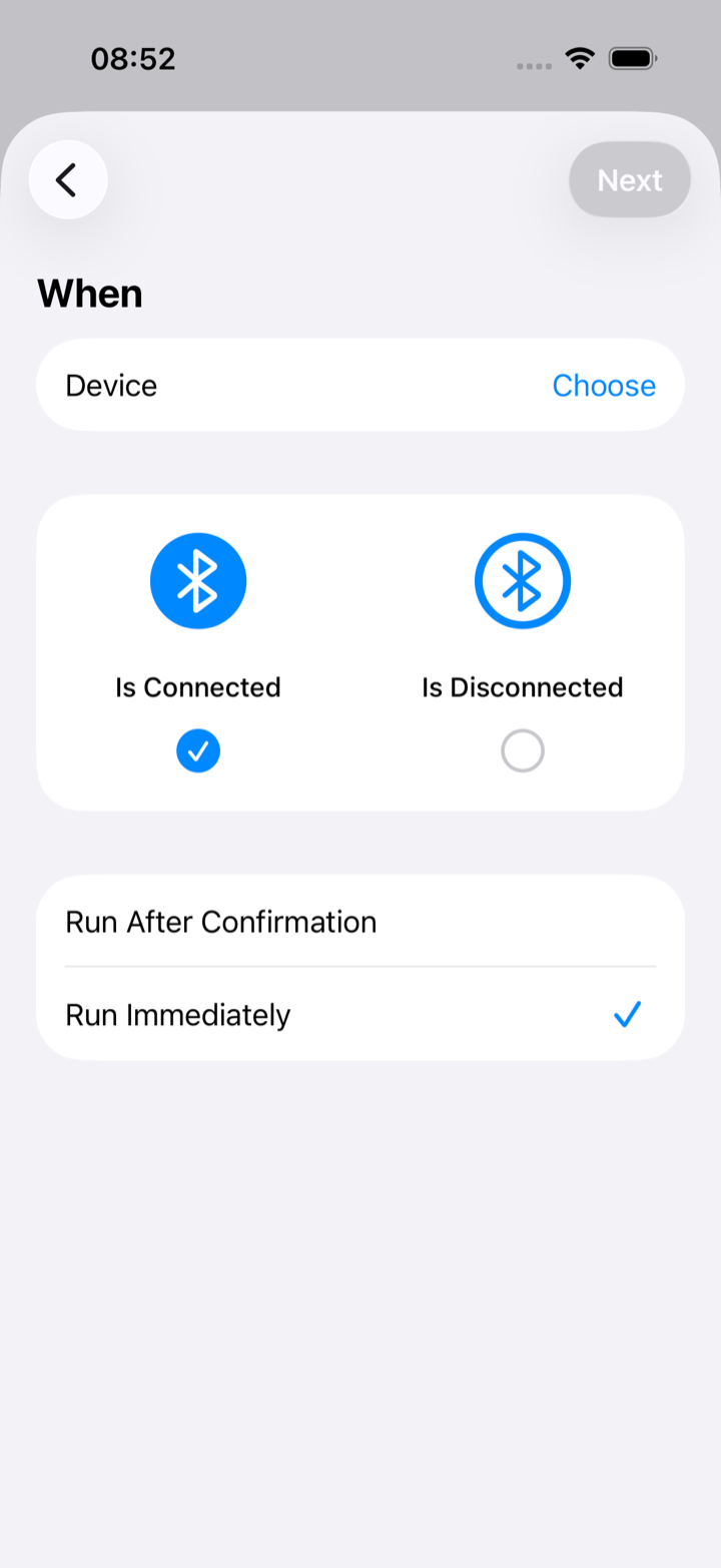 The Bluetooth trigger page with Is Connected selected and Run Immediately chosen