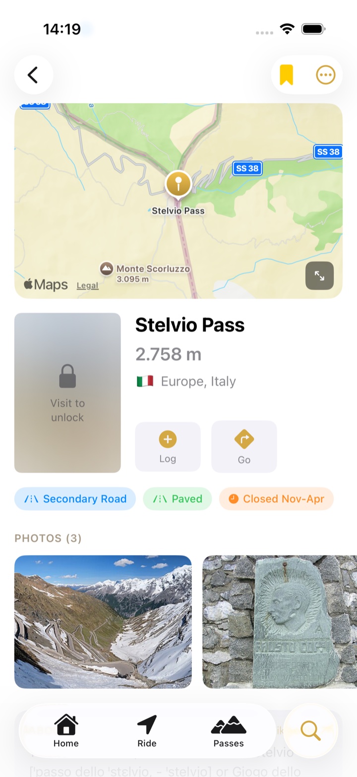 Stelvio Pass page with the bookmark in the top-right corner filled in yellow