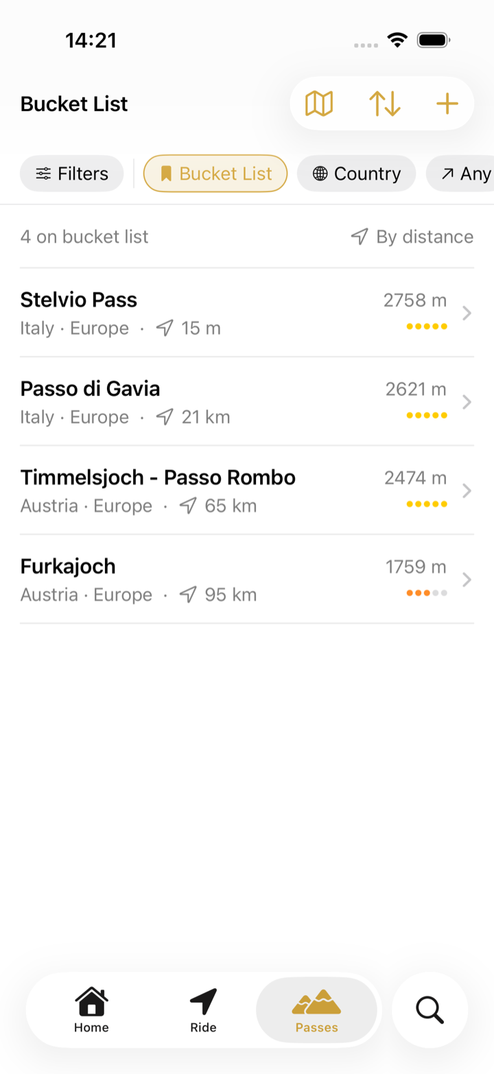 The Passes tab filtered to Bucket List: Stelvio Pass, Passo di Gavia, Timmelsjoch and Furkajoch sorted by distance
