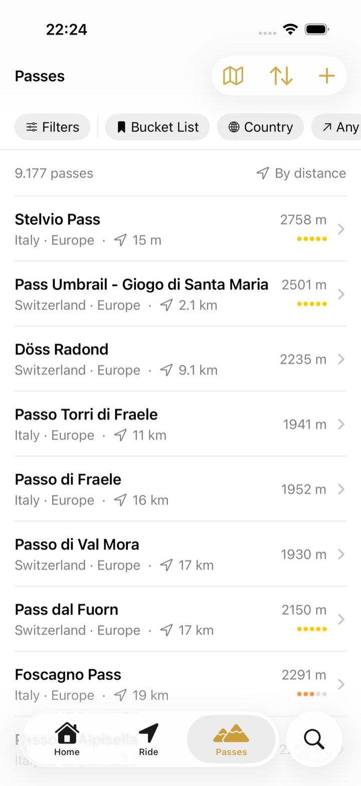 The Passes tab listing passes by distance with the Filters, Bucket List and Country chips above the list