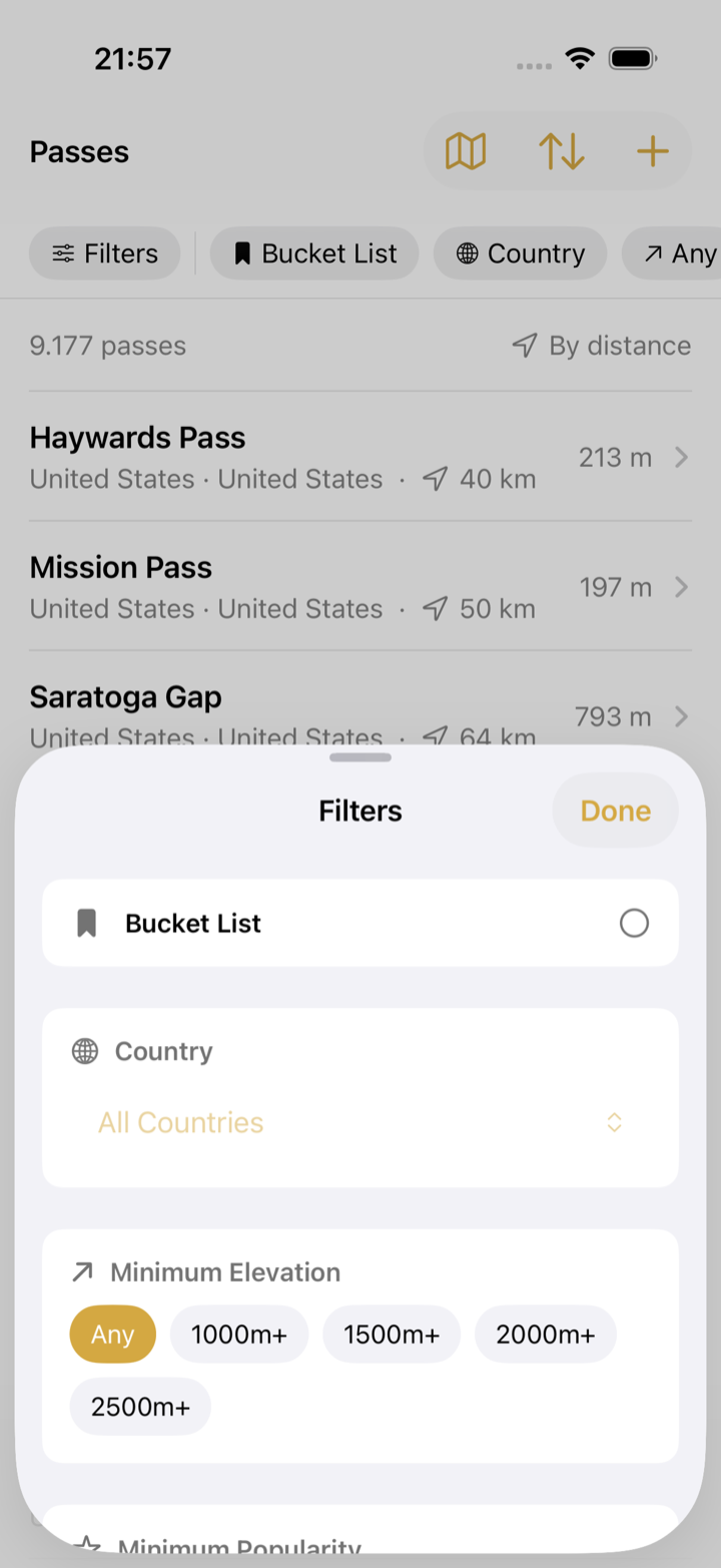 The Filters sheet with Bucket List, Country and Minimum Elevation options