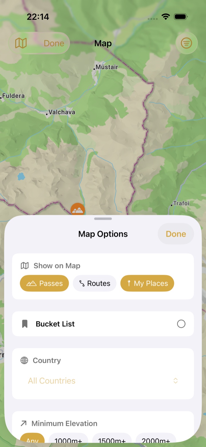 The Map Options sheet with Passes, Routes and My Places toggles and the same filters as the list