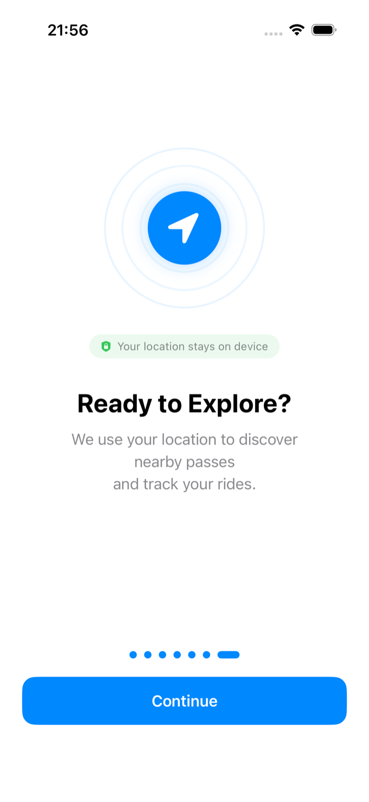 The last onboarding page, Ready to Explore?, with a Continue button