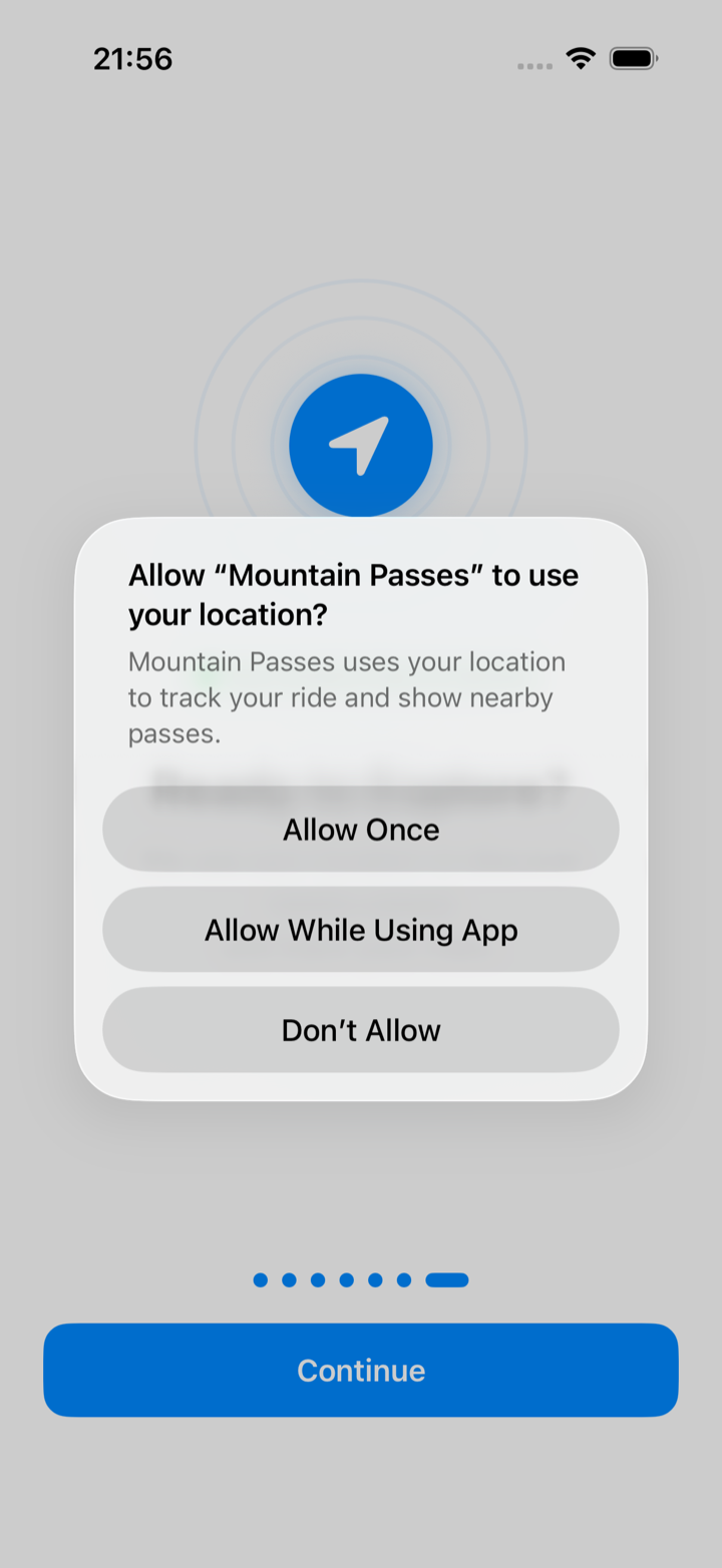 iOS asking to allow Mountain Passes to use your location, with Allow While Using App highlighted