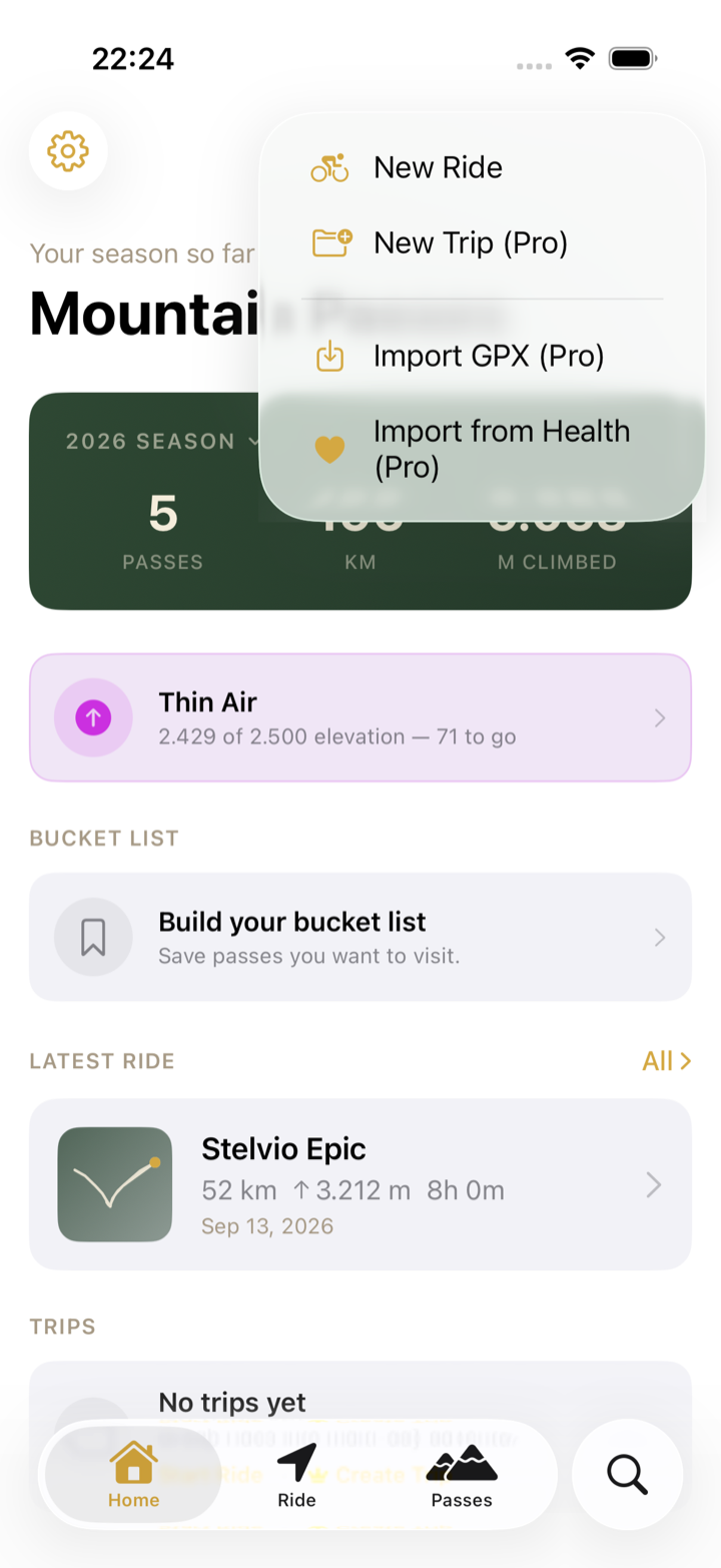 The plus menu on Home with Import GPX (Pro) and Import from Health (Pro)