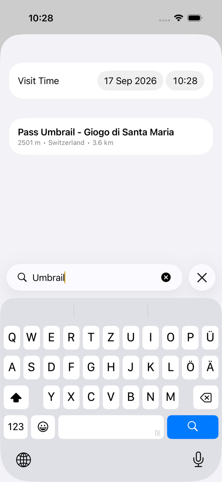 The Add Pass sheet with Visit Time set to 17 Sep 2026 10:28 and a search result for Pass Umbrail, 2501 m, Switzerland