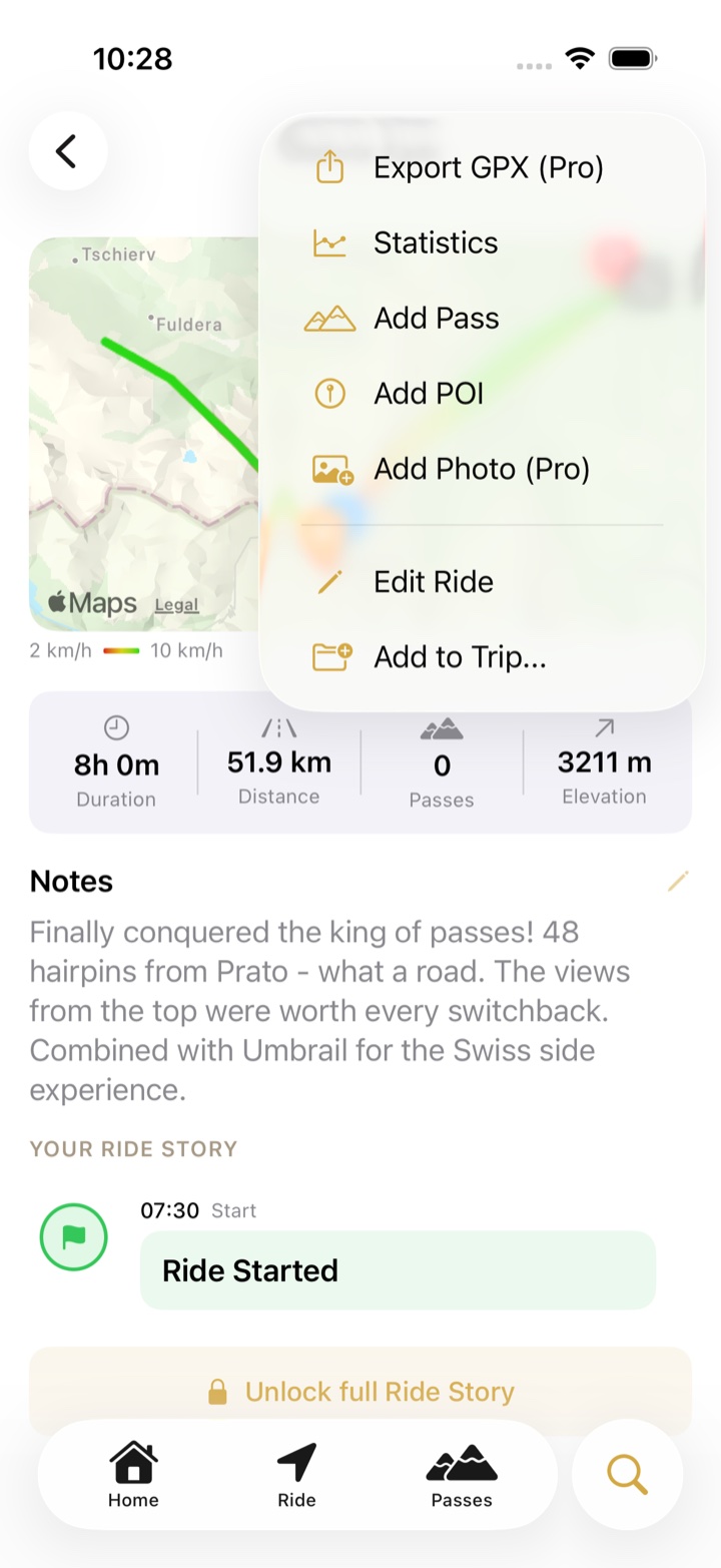 A past ride's menu with Add POI and Add Photo (Pro) among the options