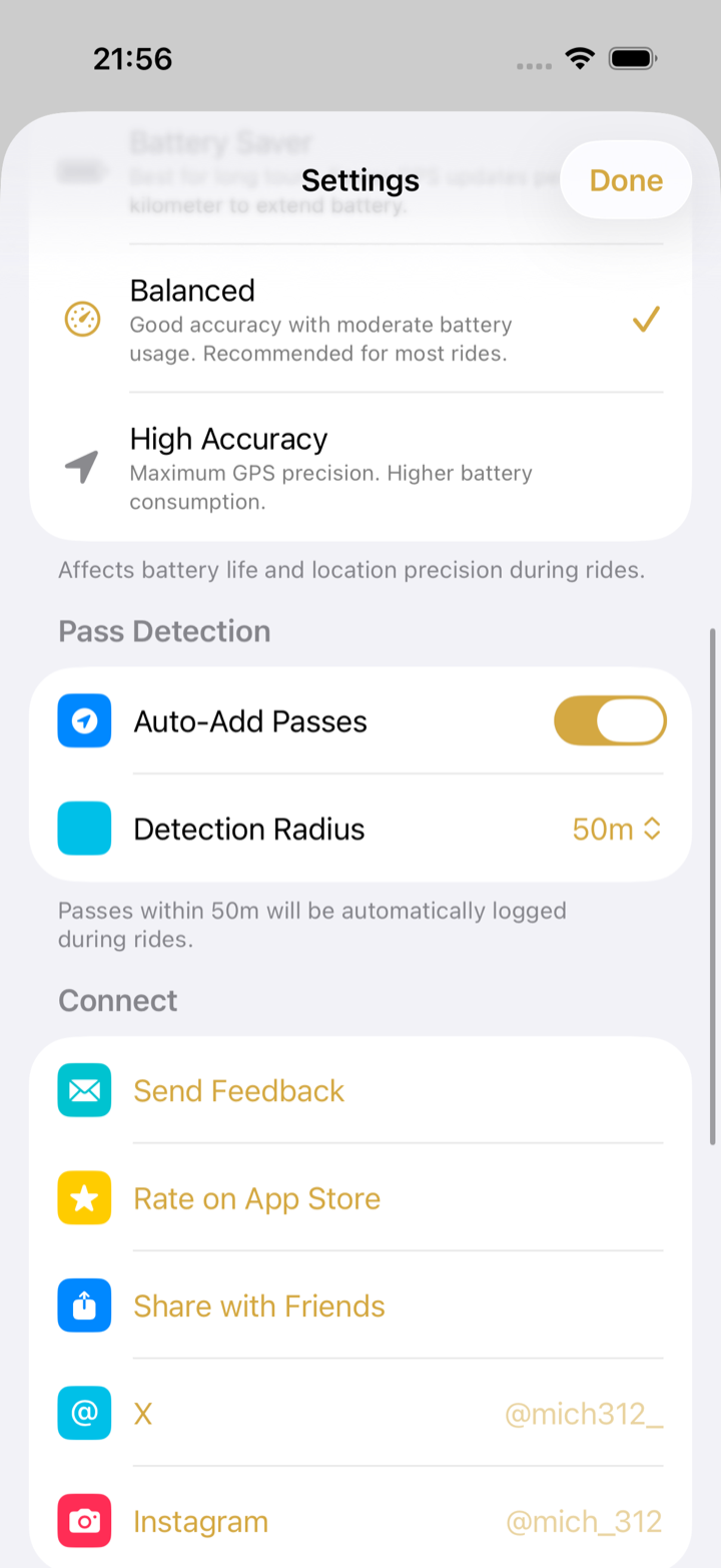 Mountain Passes settings: GPS Accuracy on Balanced, Auto-Add Passes switched on, Detection Radius 50 m