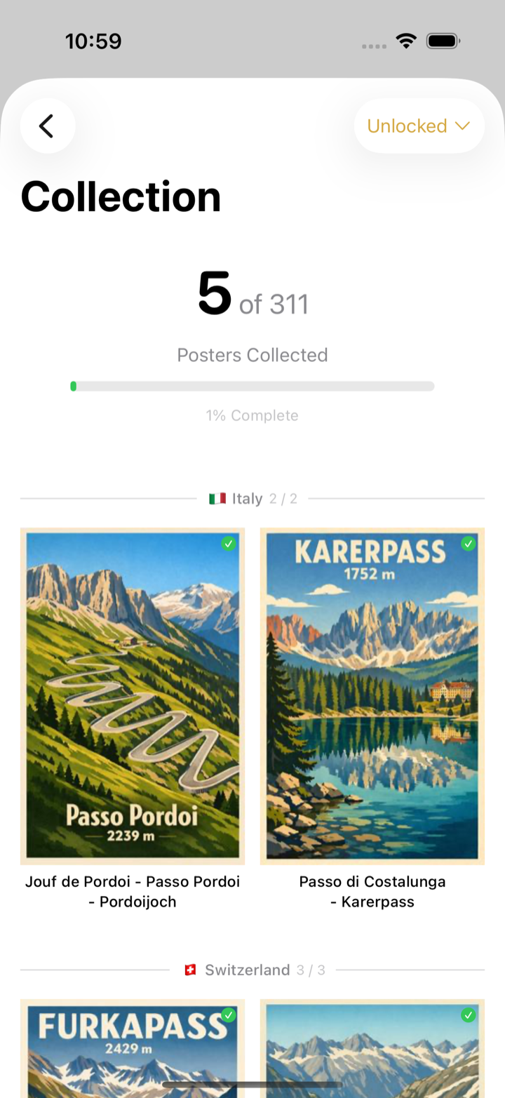The poster Collection screen filtered to Unlocked: 5 of 311 posters collected, with the Passo Pordoi and Karerpass posters under Italy and Furkapass under Switzerland