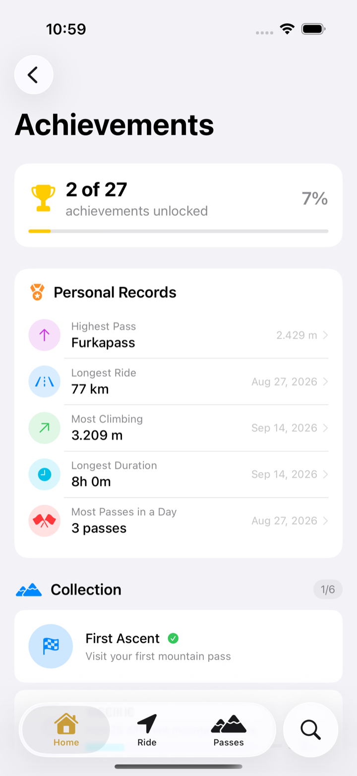 The Achievements screen showing 2 of 27 unlocked, Personal Records such as Highest Pass Furkapass 2,429 m and Longest Ride 77 km, and First Ascent unlocked