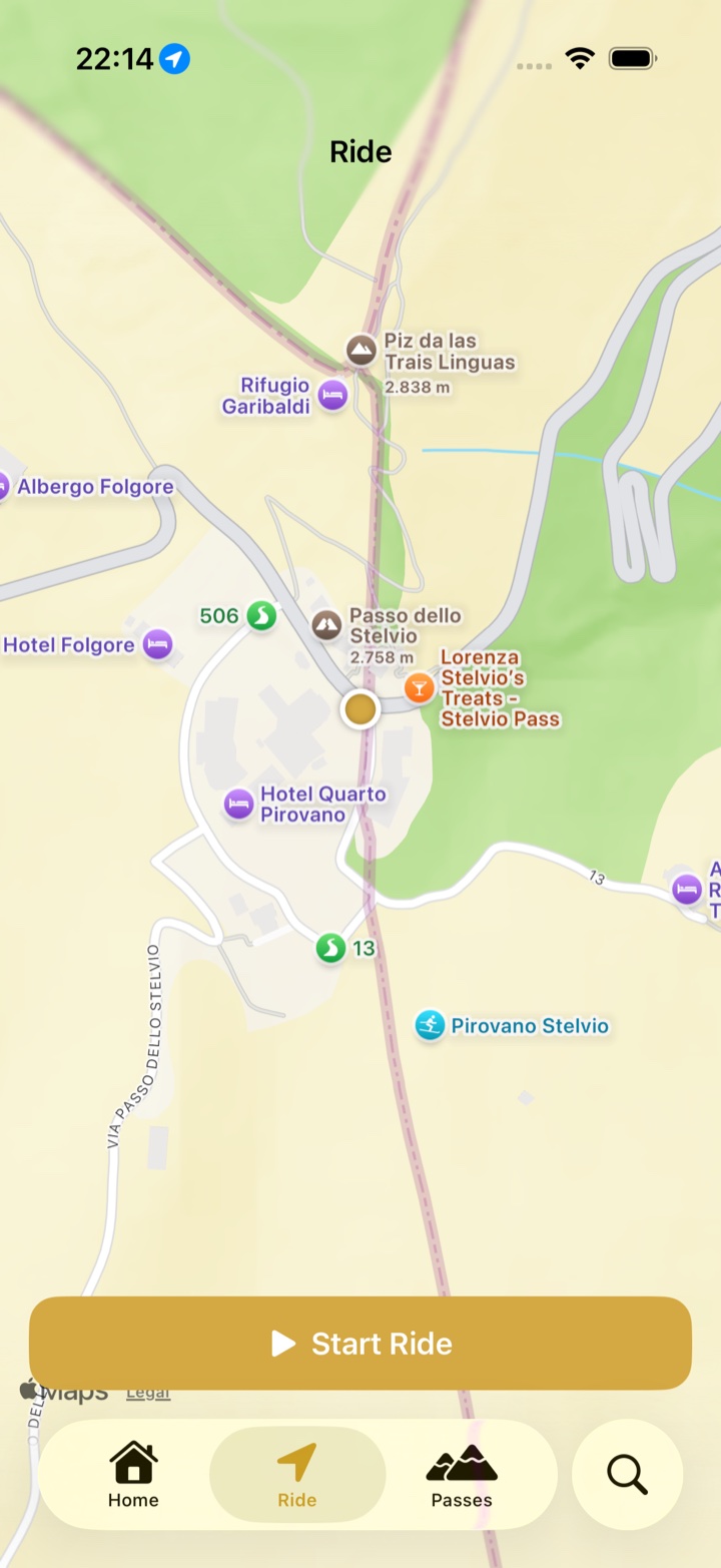 The Ride tab before a ride: a map centred on Passo dello Stelvio with a Start Ride button