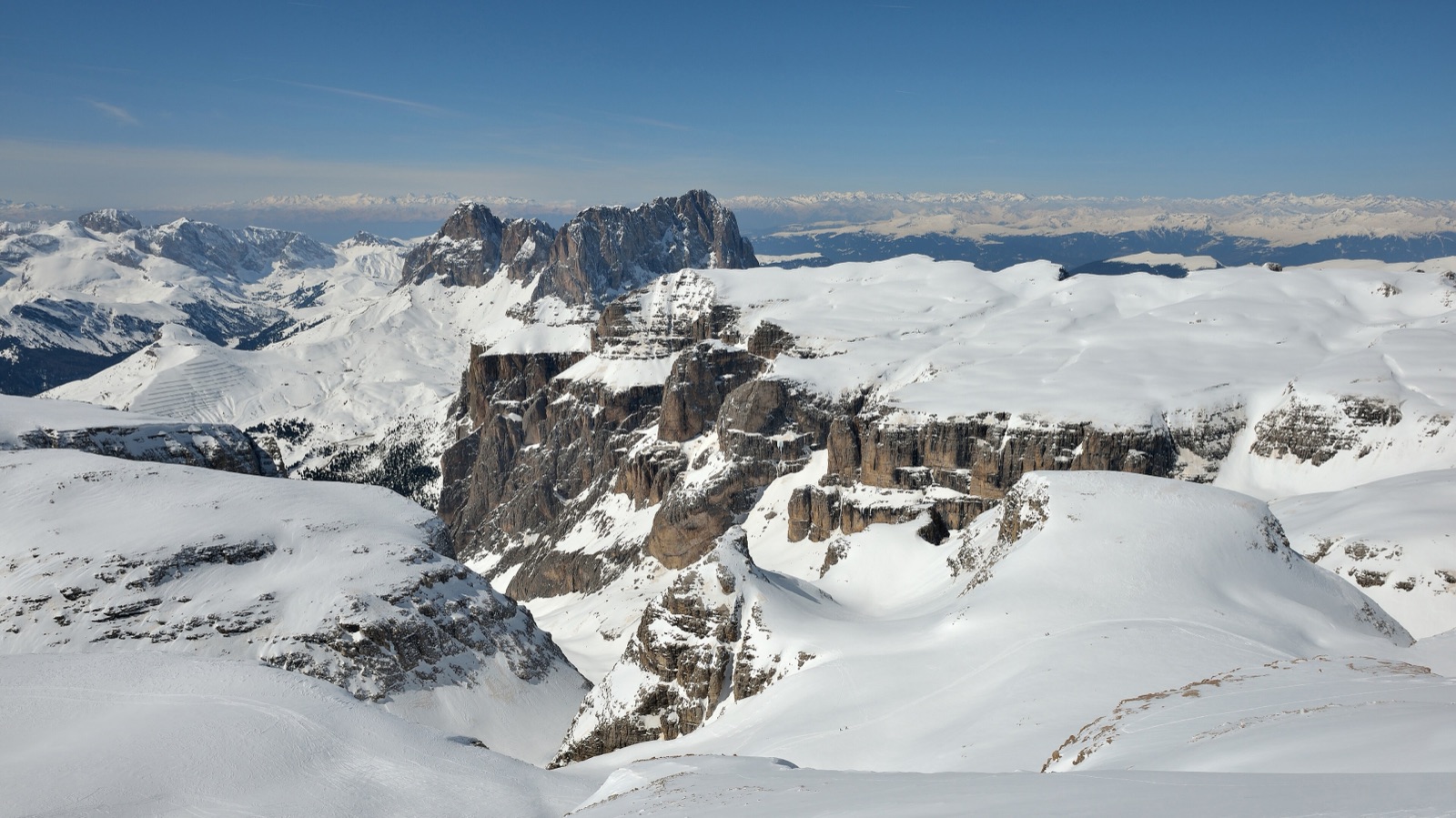View west from Piz Boè across the Sella massif in the Dolomites